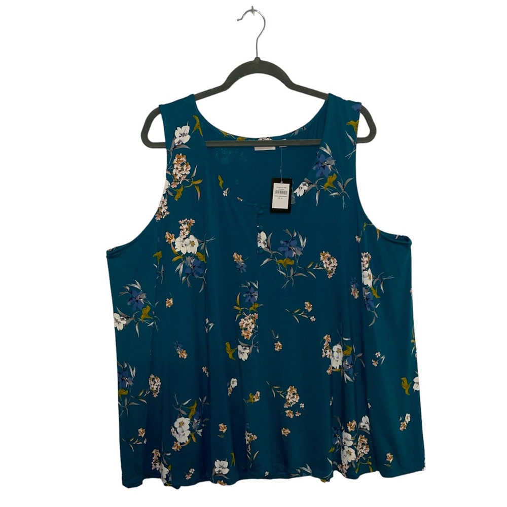 Avenue Knitted Floral Teal Tank 3-Button Sleeveless 3X
